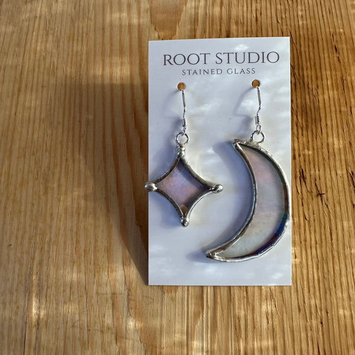 Star and Crescent Moon Stained Glass Earrings - iridescent /iridescent