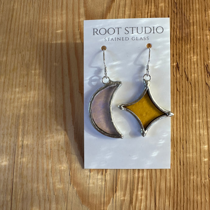 Small Star and Crescent Moon Stained Glass Earrings - Iridescent/Yellow
