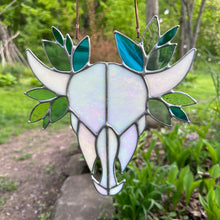 Stained Glass Cow Skull with Leaves - white