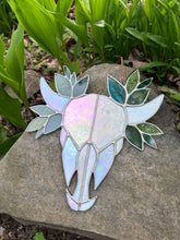 Stained Glass Cow Skull with Leaves - white