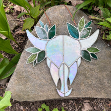 Stained Glass Cow Skull with Leaves - white