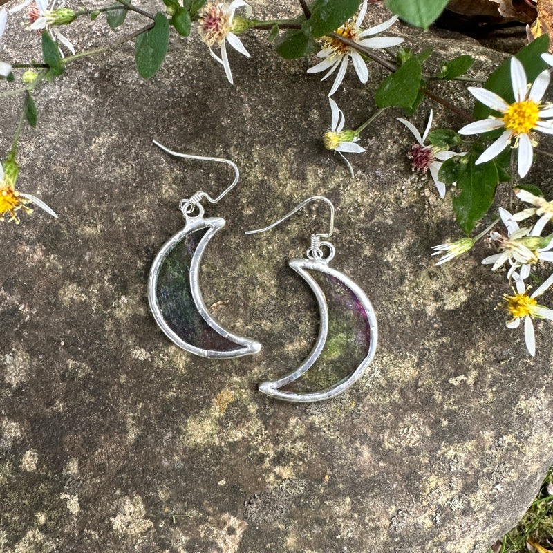 Small Crescent Moon Stained Glass Earrings - Clear Iridescent