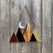 Stained glass mountain and moon home decor sun catcher handmade in vermont by carrie root of the root studio.
