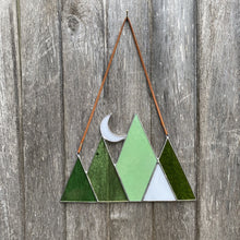 Stained glass mountain and moon home decor sun catcher handmade in vermont by carrie root of the root studio.