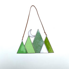 Stained glass mountain and moon home decor sun catcher handmade in vermont by carrie root of the root studio.