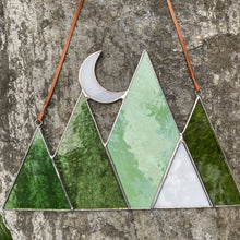 Stained glass mountain and moon home decor sun catcher handmade in vermont by carrie root of the root studio.