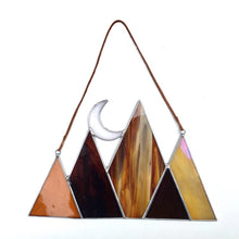 Stained glass mountain and moon home decor sun catcher handmade in vermont by carrie root of the root studio.
