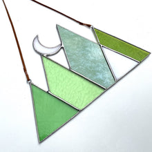 Stained glass mountain and moon home decor sun catcher handmade in vermont by carrie root of the root studio.