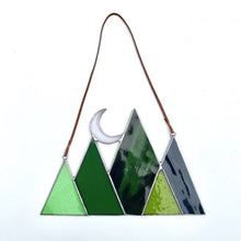 Stained glass mountain and moon home decor sun catcher handmade in vermont by carrie root of the root studio.