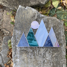 Mountainscape stained glass home decor art with a full moon accent. Handmade in vermont by artist carrie root of the root studio.