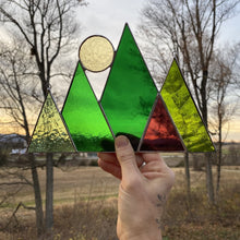 mountains and sun or moon stained glass home decor.  handmade in vermont by artist carrie root of the root studio.  green mountain art inspired by vermont
