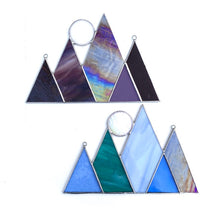 Mountainscape stained glass home decor art with a full moon accent. Handmade in vermont by artist carrie root of the root studio.