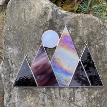 Stained glass mountains and full moon inspired by Vermont. Handmade by Carrie Root of the Root Studio in Addison, Vermont.  Makes a lovely unique gift and brightens up any home decor.