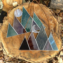 Stained glass mountain and moon home decor. Handmade stained glass art created by artist Carrie Root of the Root Studio in Addison Vermont.