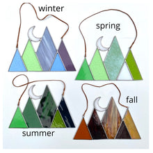 Stained glass mountain and moon home decor sun catcher handmade in vermont by carrie root of the root studio.