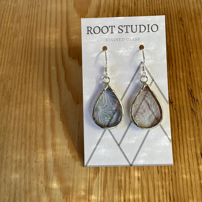 Small teardrop shaped stained glass earrings - iridescent flower texture