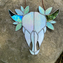 stained glass cow skull home decor with leave decoration. handmade in vermont by Carrie Root of the root studio