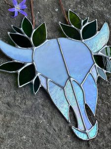 Stained Glass Cow Skull with Leaves