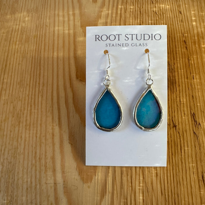 Small Teardrop shaped stained glass earrings - iridescent blue