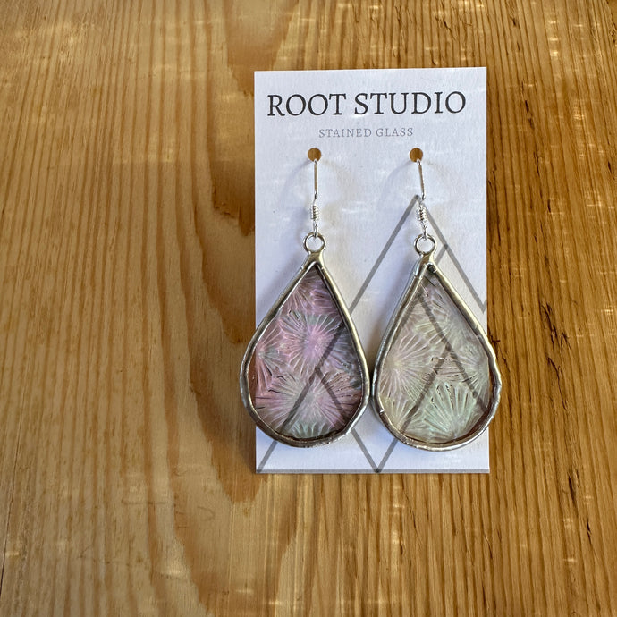 Teardrop shaped stained glass earrings - iridescent flower texture