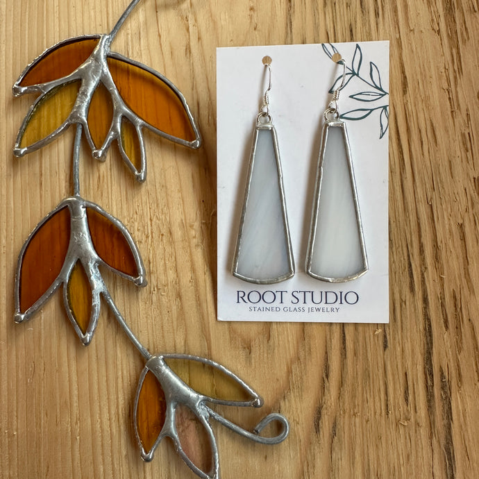 Long drop stained glass earrings - white