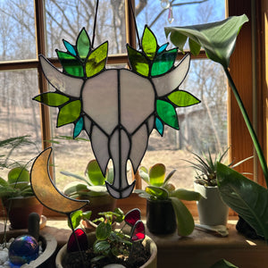 Stained Glass Cow Skull with Leaves