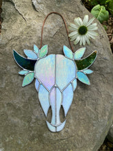 unique home decor made in vermont by Carrie Root of the root studio. stained glass cow skull with leaf embellishments