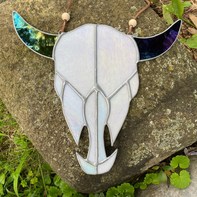 stained glass iridescent cow skull handmade in vermont by artist Carrie Root of the root studio