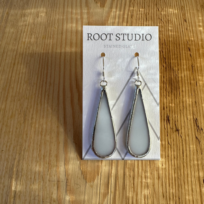 Long skinny raindrop shaped stained glass earrings - wispy white