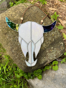 handmade in vermont - iridescent stained glass cow skull