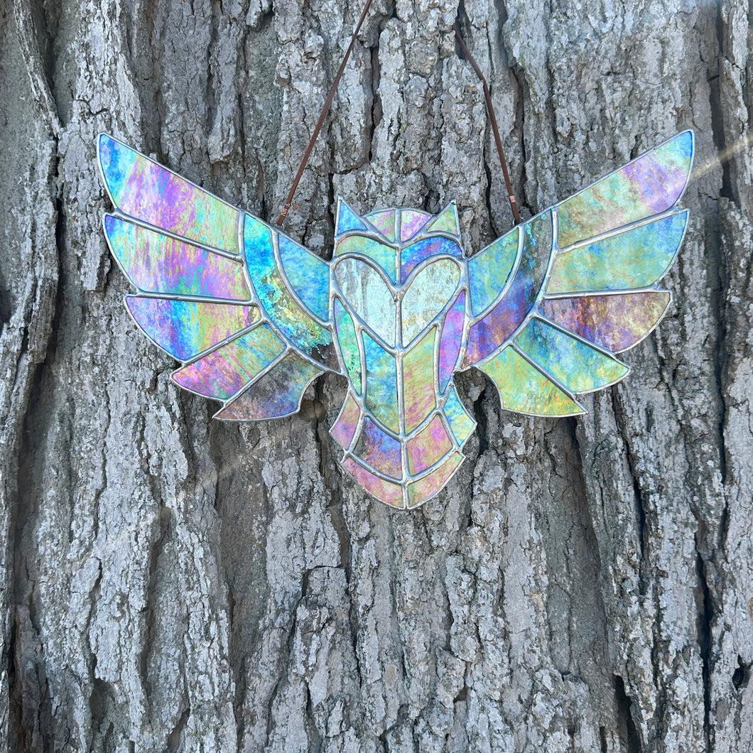 Iridescent stained glass owl