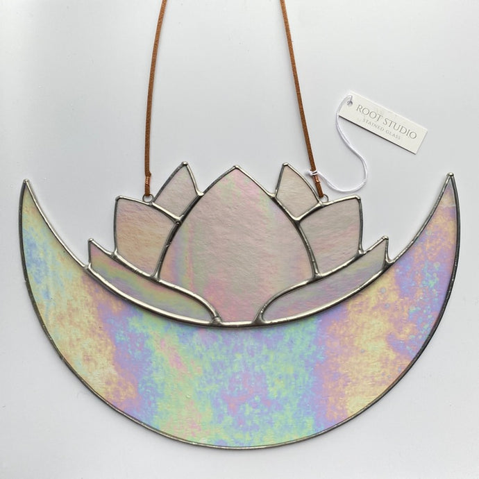 pink lotus nestled in a crescent moon - stained glass suncatcher handmade in vermont