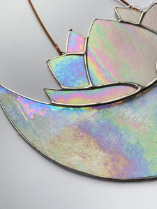 pink lotus nestled in a crescent moon - stained glass suncatcher handmade in vermont
