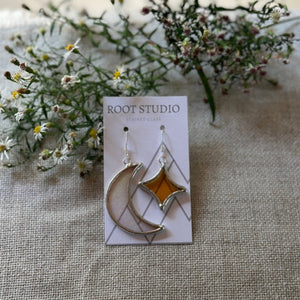 Star and Crescent Moon Stained Glass Earrings - Iridescent/Yellow