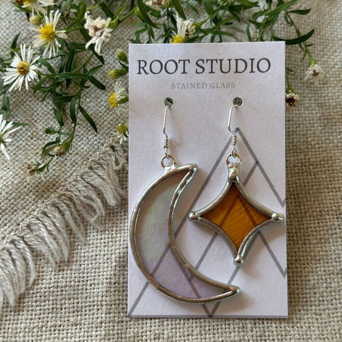 star and moon stained glass earrings handmade in vermont