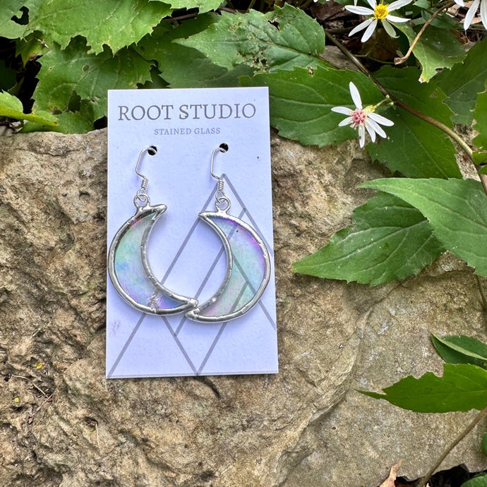 small crescent moon stained glass clear iridescent earrings handmade in Addison, Vermont