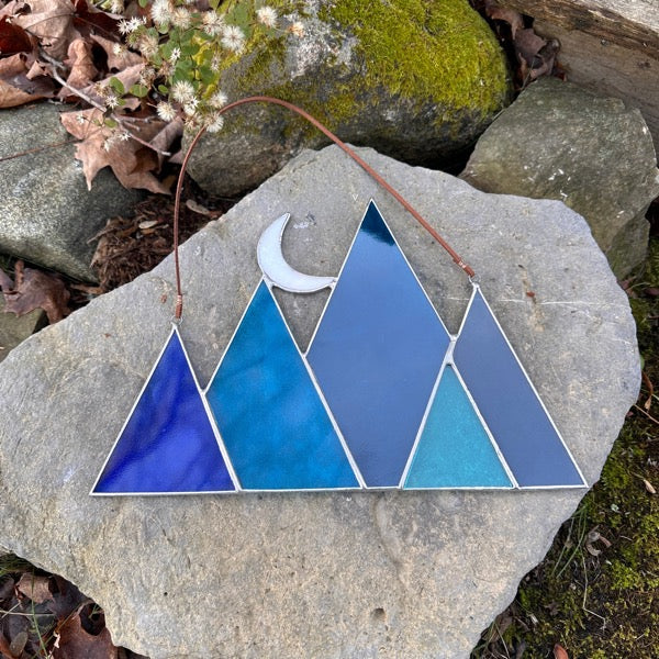 blue stained glass mountains with crescent moon - suncatcher home decor