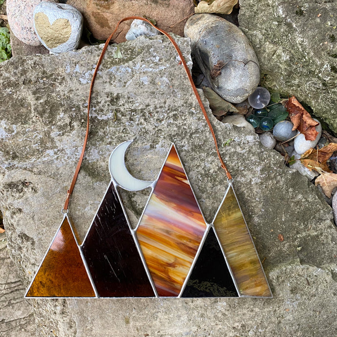 Stained glass mountain and moon home decor sun catcher handmade in vermont by carrie root of the root studio.
