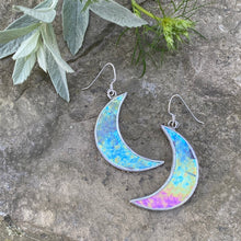 crescent moon stained glass earrings made in vermont by carrie root of the root studio