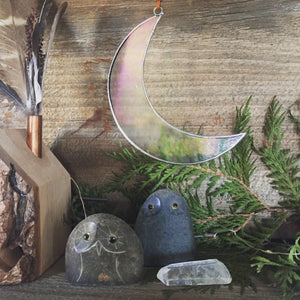 Crescent moon stained glass sun catcher. Handmade in Vermont by artist Carrie  Root of the Root Studio.