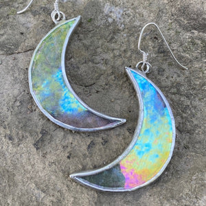 crescent moon stained glass earrings handmade in vermont by artist carrie root of the root studio