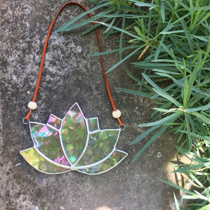 stained glass lotus home decor sun catcher. handmade in vermont by artist carrie root of the root studio. 