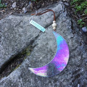 Crescent moon stained glass sun catcher. Handmade in Vermont by artist Carrie  Root of the Root Studio.