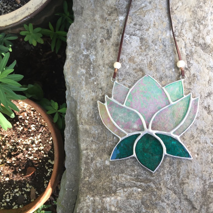 stained glass lotus home decor sun catcher. handmade in vermont by artist carrie root of the root studio. 
