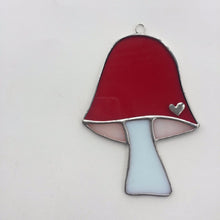 stained glass red mushroom sun catcher. handmade in Vermont by artist carrie root  of  the root studio.