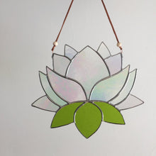 Stained glass lotus sun catcher - home decor inspired by nature - handmade in Vermont by artist Carrie Root of the Root Studio.