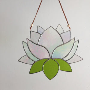 Stained glass lotus sun catcher - home decor inspired by nature - handmade in Vermont by artist Carrie Root of the Root Studio.