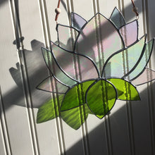 Stained glass lotus sun catcher - home decor inspired by nature - handmade in Vermont by artist Carrie Root of the Root Studio.