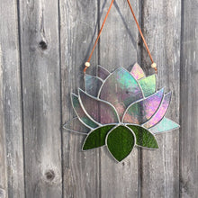 Stained glass lotus sun catcher - home decor inspired by nature - handmade in Vermont by artist Carrie Root of the Root Studio.