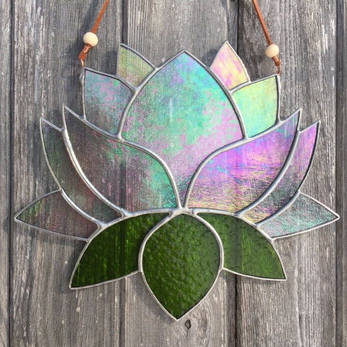 Stained glass lotus sun catcher - home decor inspired by nature - handmade in Vermont by artist Carrie Root of the Root Studio.